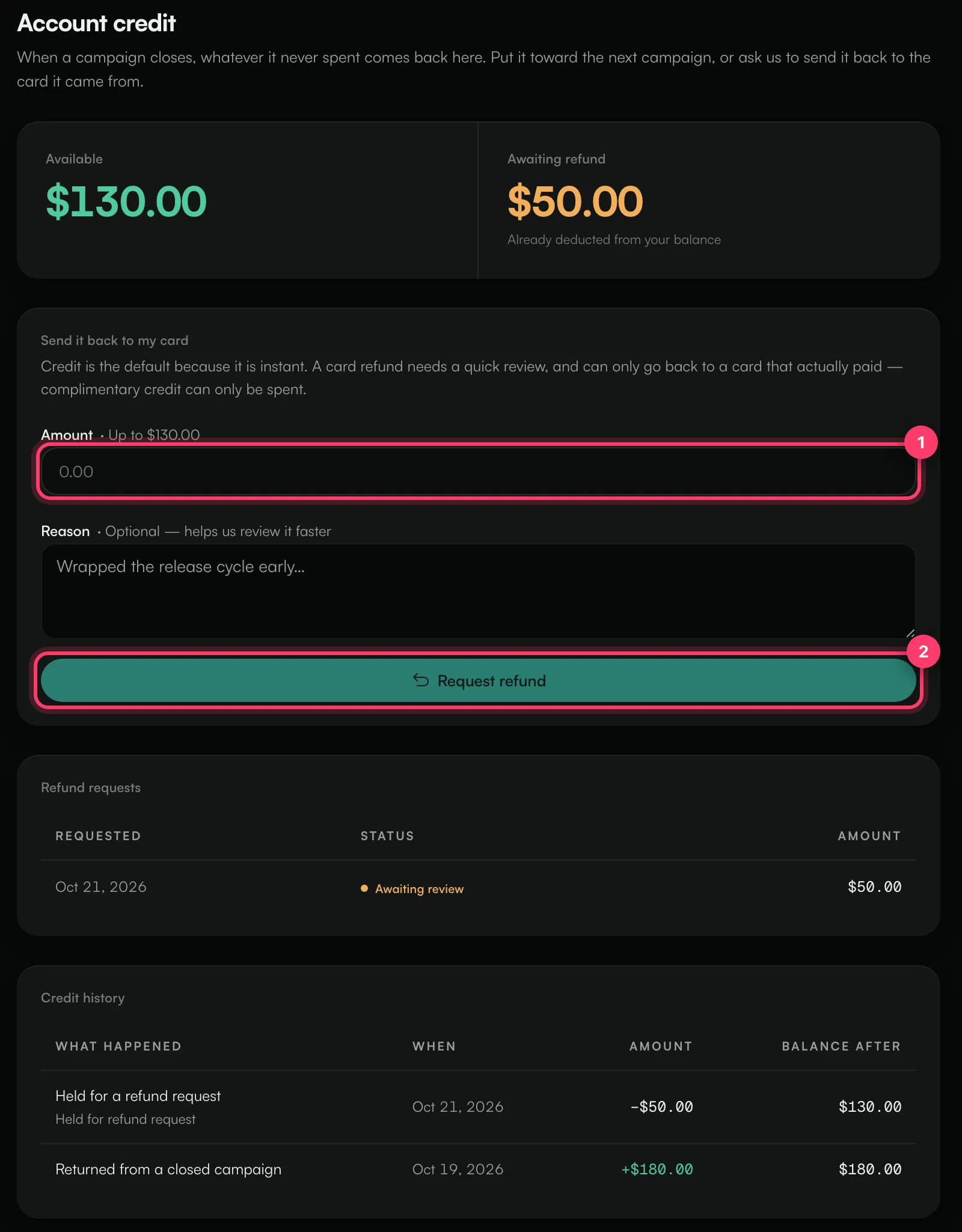 The Account credit page with the refund amount field and the Request refund button