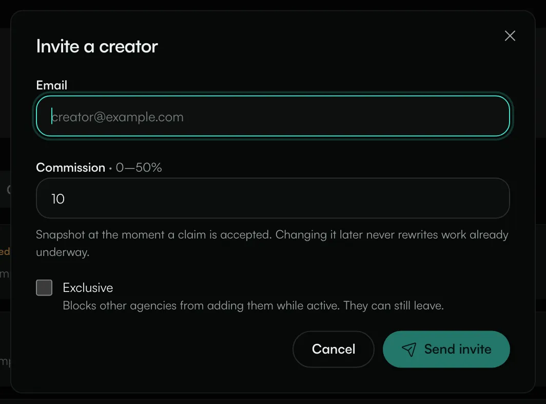 The Invite a creator dialog with the email, commission and Exclusive options