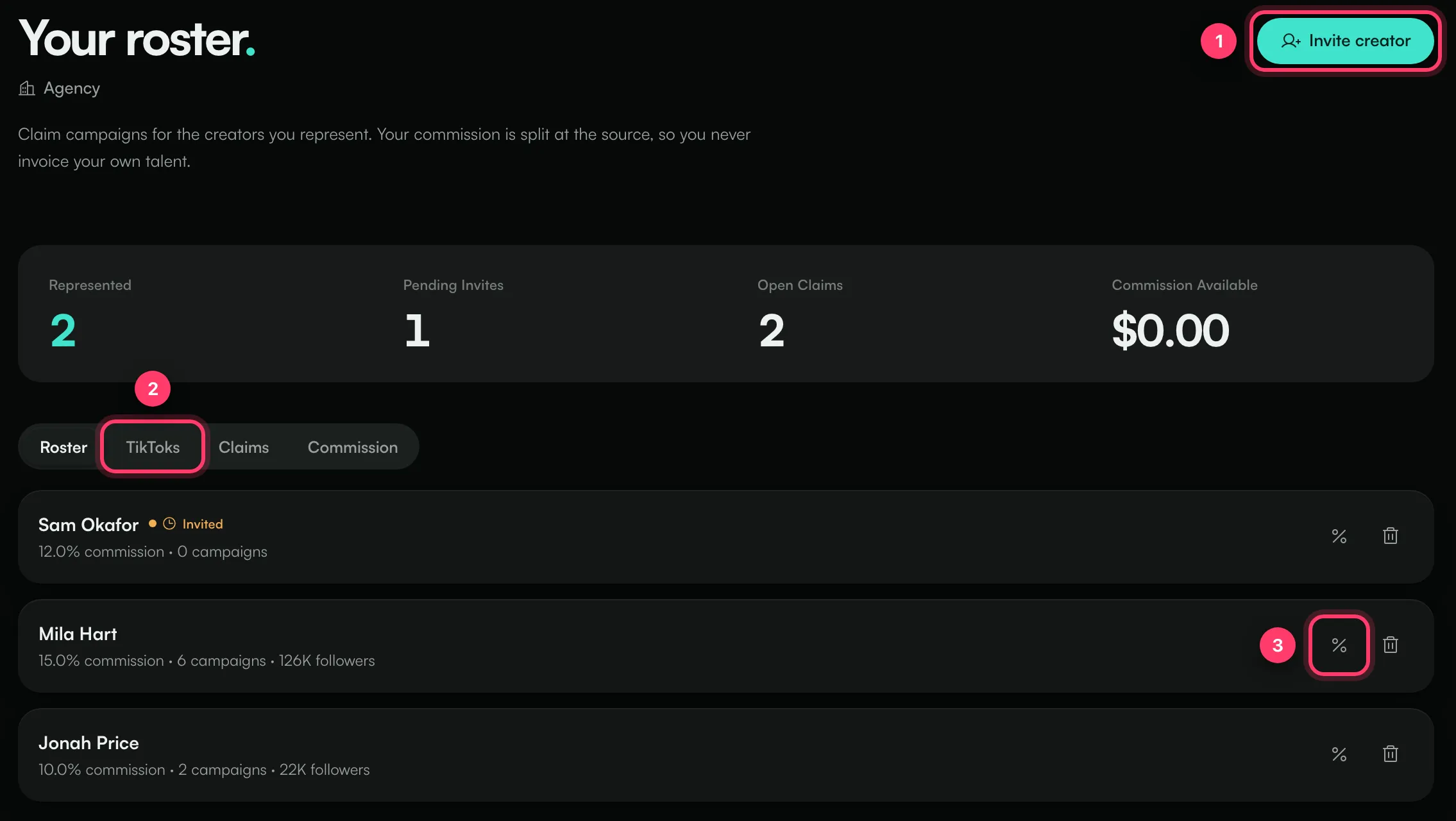 The Your roster page with the Invite creator button, the tabs and the commission button on a creator