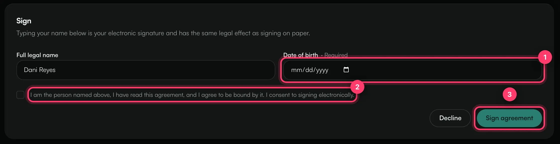 The Sign section with the date of birth field, the confirmation box and the Sign agreement button