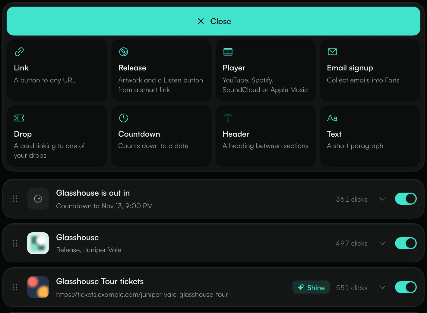 The block menu with Link, Release, Player, Email signup, Drop, Countdown, Header and Text