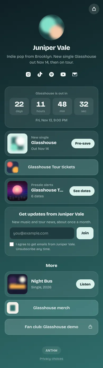 A published link in bio page as fans see it, with a countdown, a release, links and an email signup
