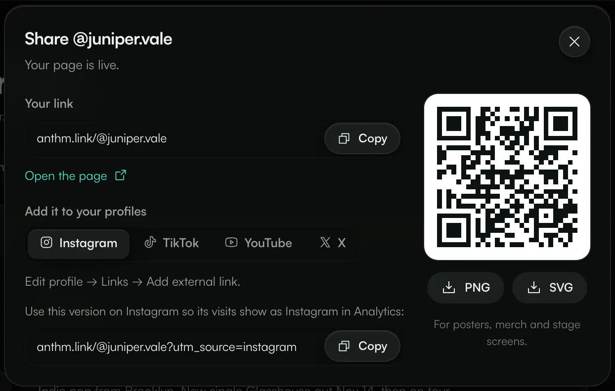 The Share dialog with the page link, platform tabs, a tagged link for Instagram and the QR code