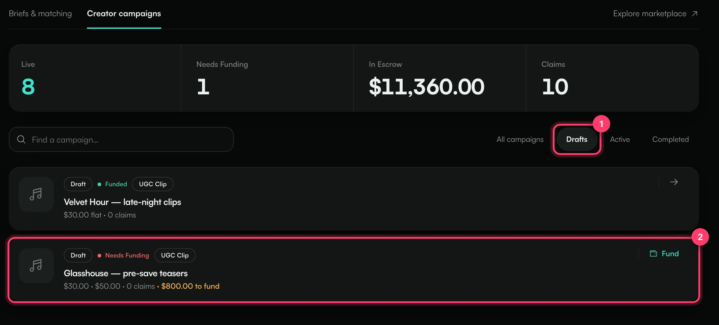 The Campaigns page filtered to drafts, with a campaign that needs funding