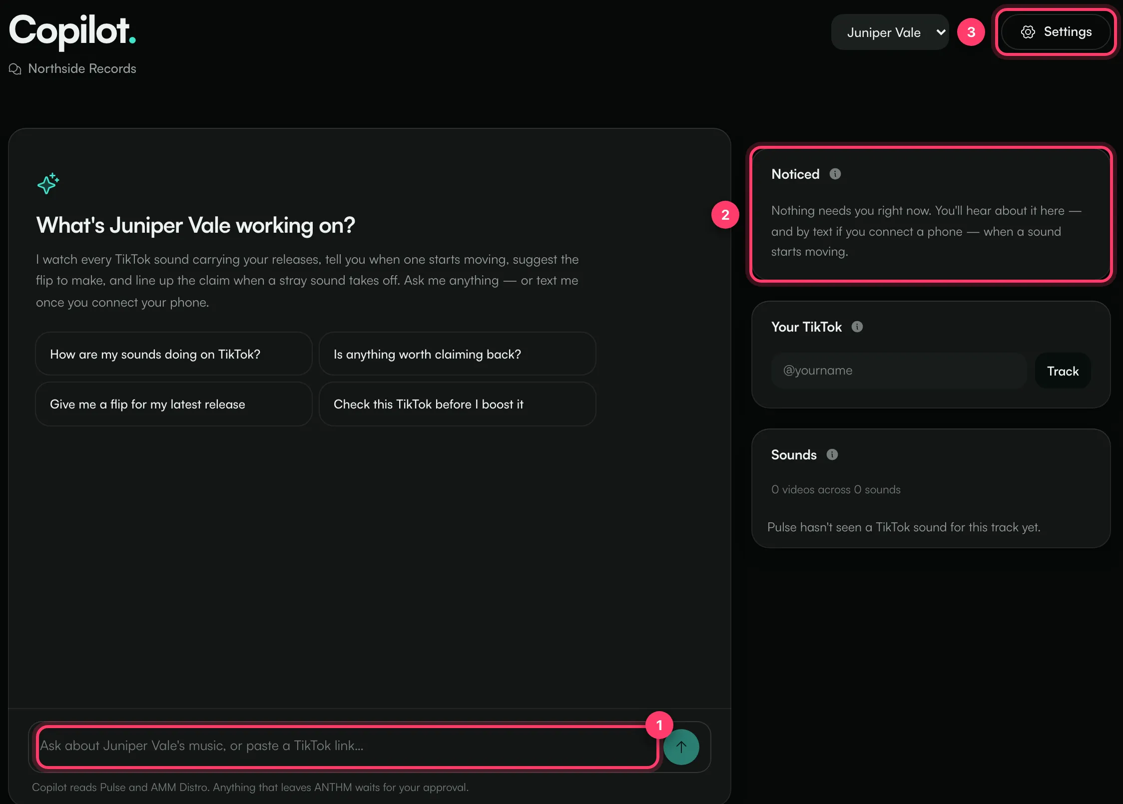The Copilot page with the message box, the Noticed panel and Settings