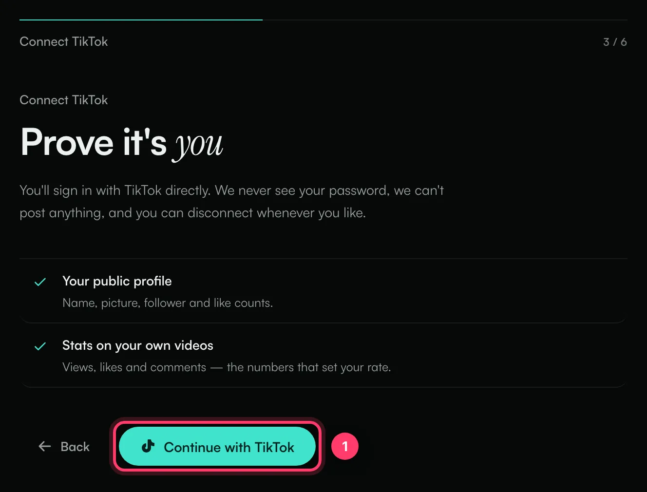 The Connect TikTok step with the Continue with TikTok button