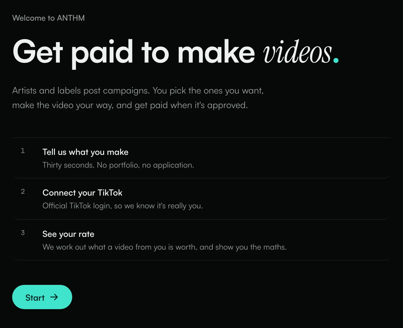 The first Creator setup screen, Get paid to make videos, with the Start button
