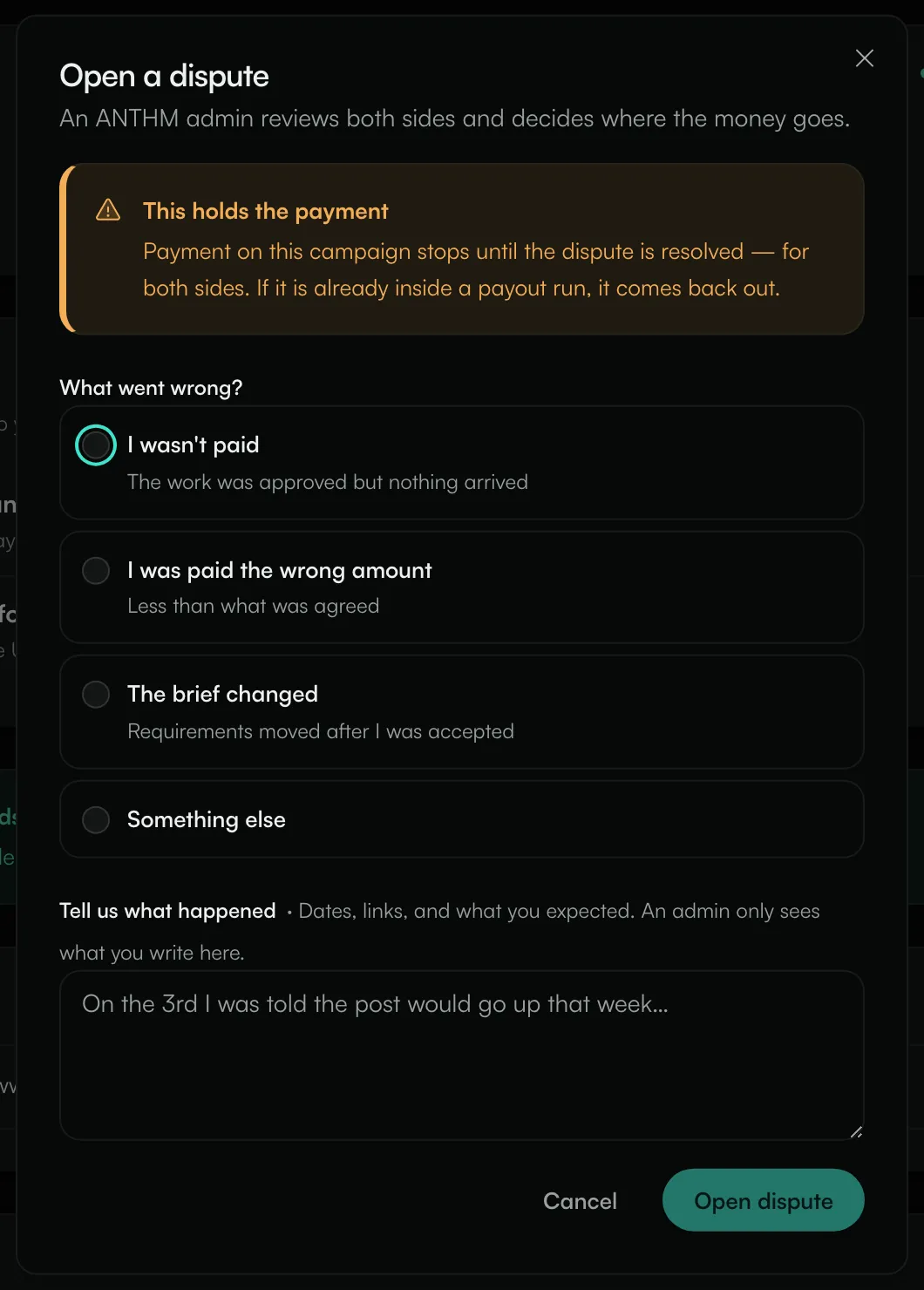 The Open a dispute dialog with the reasons and the Tell us what happened box
