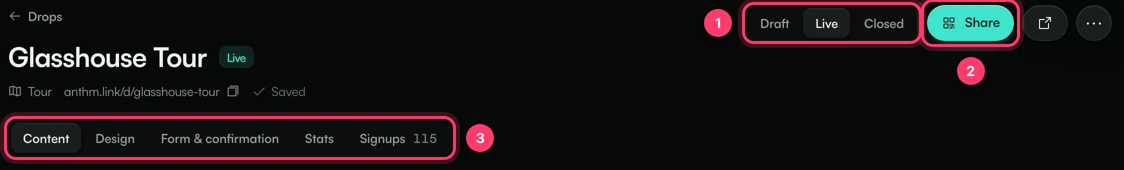 The top of the drop builder with the Draft, Live and Closed switch, the Share button and the tabs