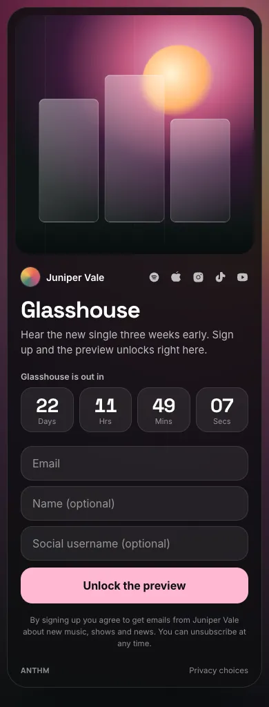 A pre-release drop as fans see it, with a countdown, the signup form and the consent line