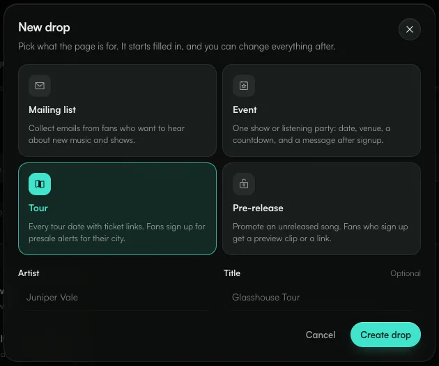 The New drop dialog with the four kinds of drop and the Artist and Title fields