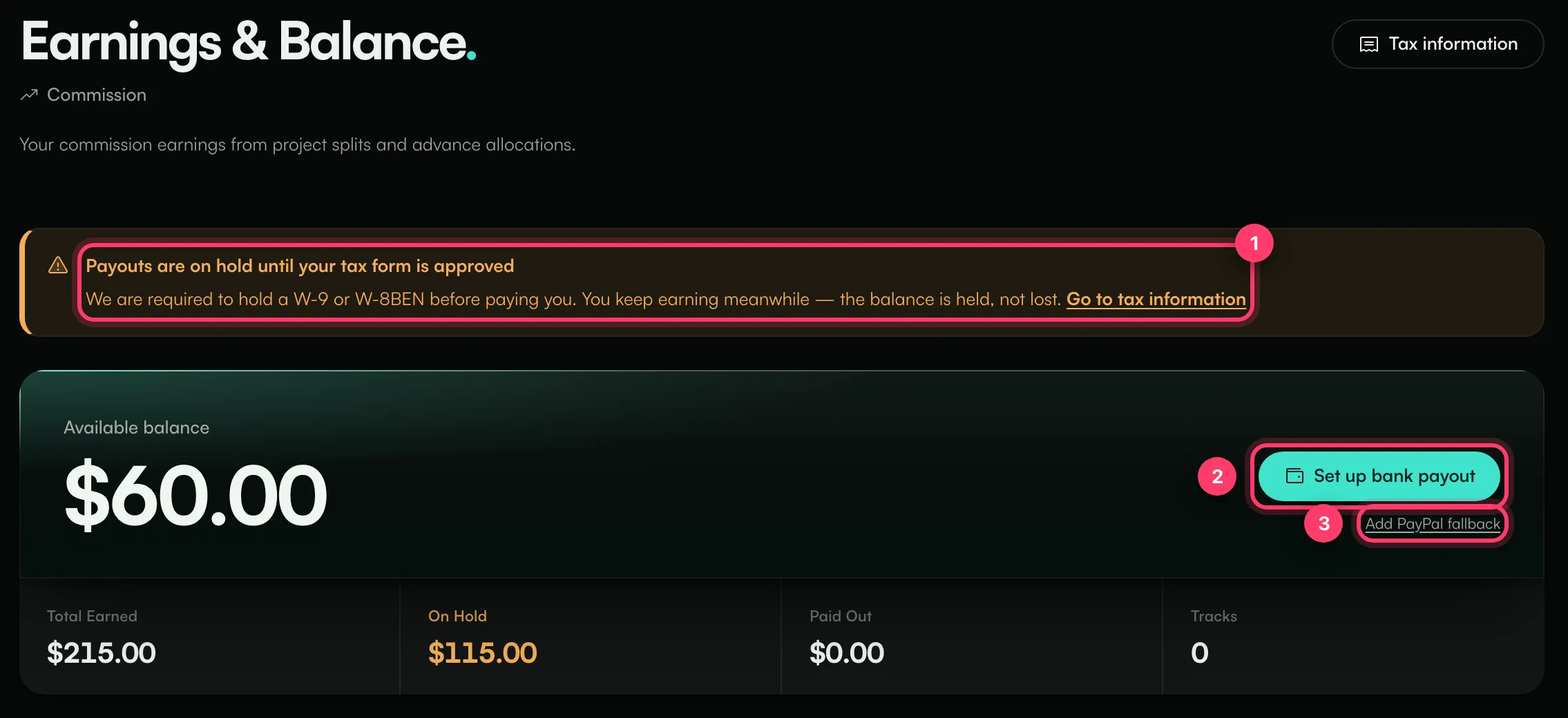 The Earnings page with the tax form banner, the available balance and the payout buttons