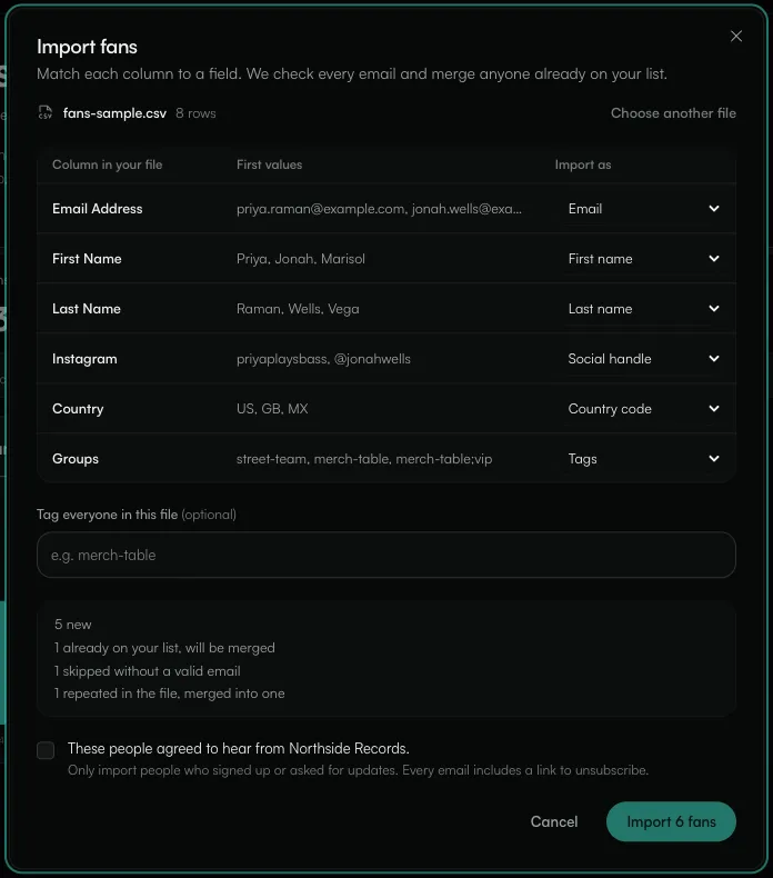 The Import fans dialog matching columns to fields, with the summary and the consent checkbox
