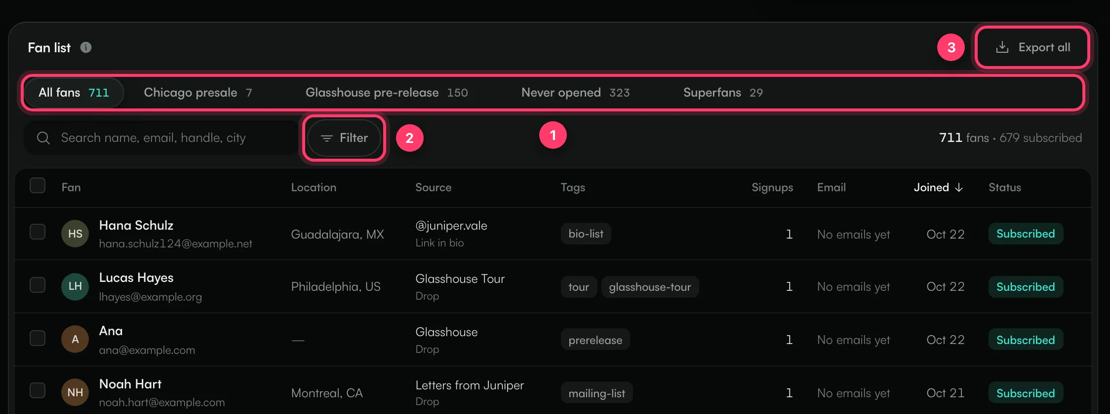 The Fan list with saved segments, the search box, the Filter button and Export all