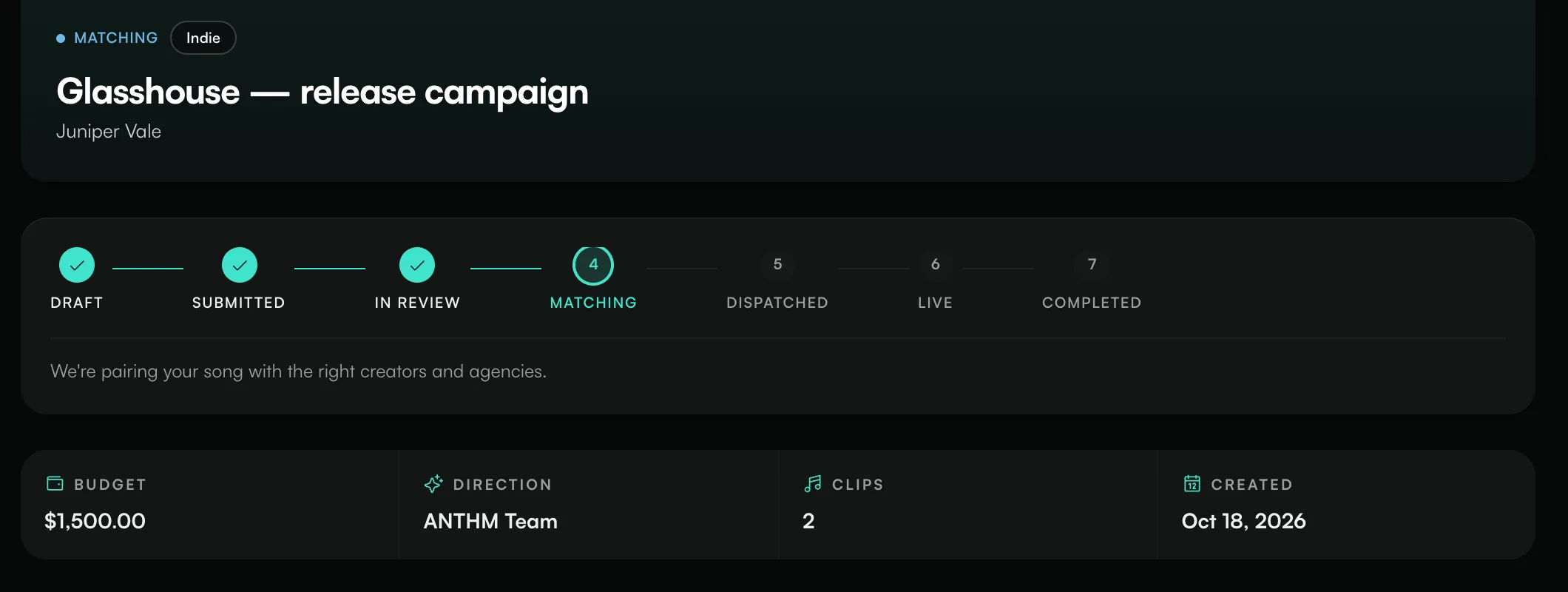 An Ignite campaign in the Matching stage, with its budget, direction and clips