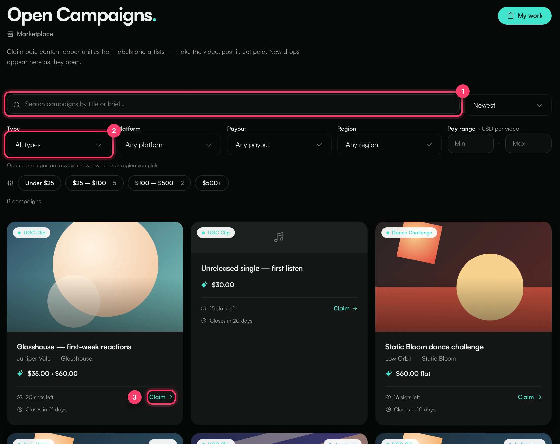 The Marketplace with the search box, the Type filter and the Claim link on a campaign card