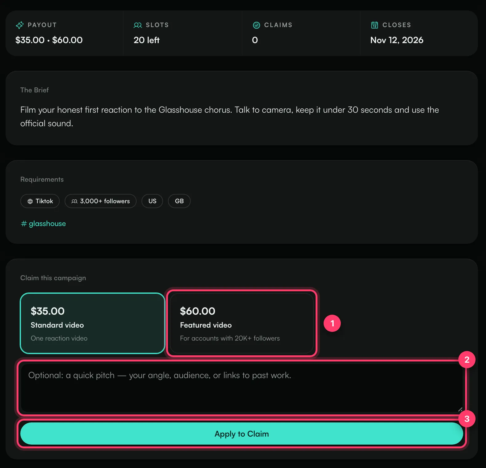 The Claim this campaign panel with two pay levels, the pitch box and the Apply to Claim button