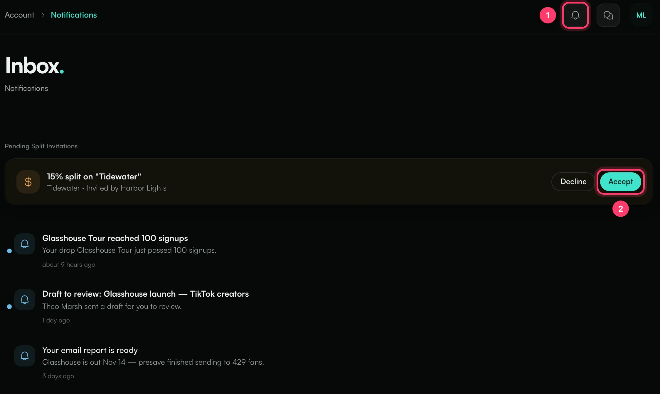 The notifications inbox with the bell, a pending split invitation and recent notifications