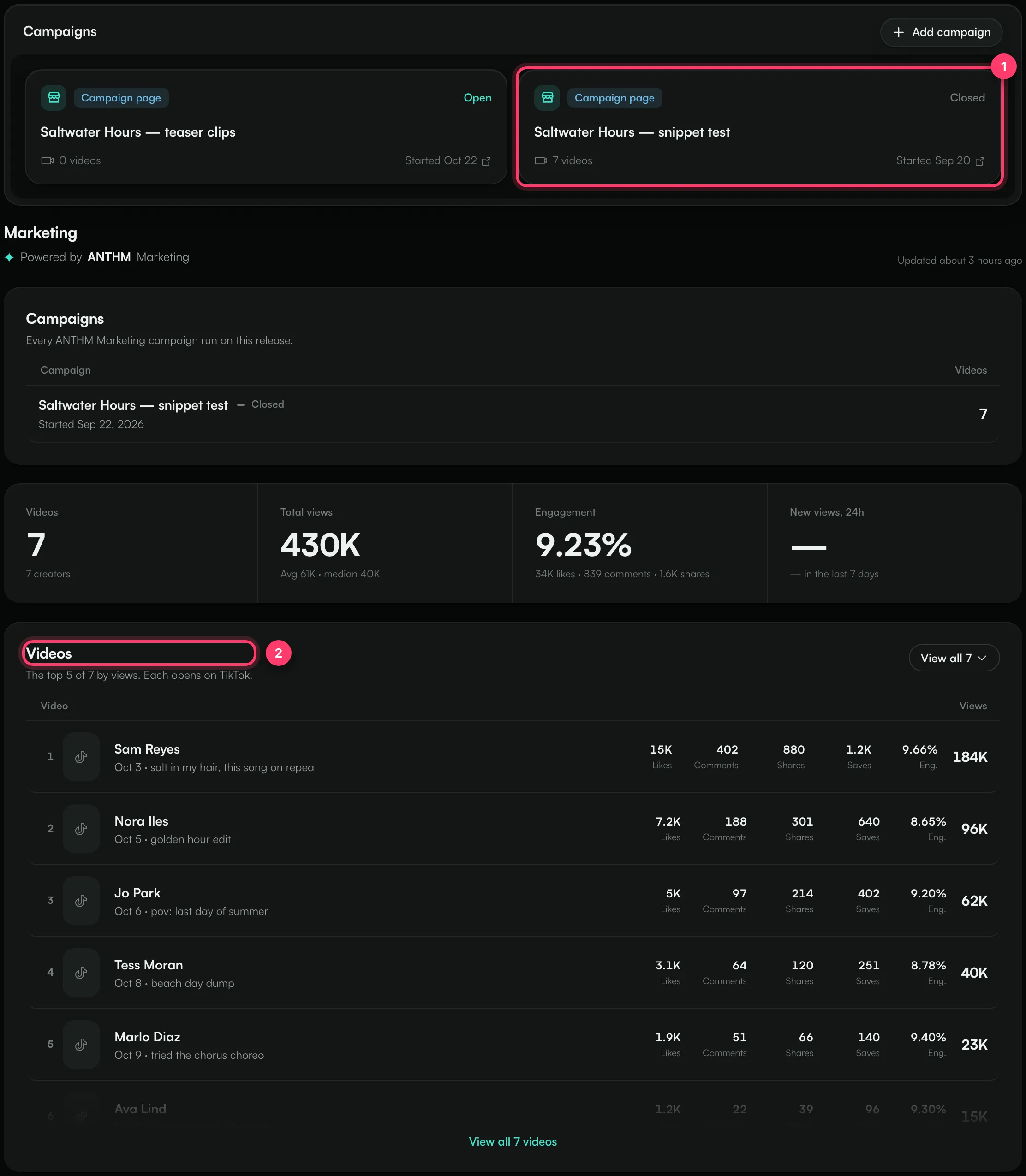 A project's Campaigns tab with a campaign card, the campaign's numbers and the Videos list