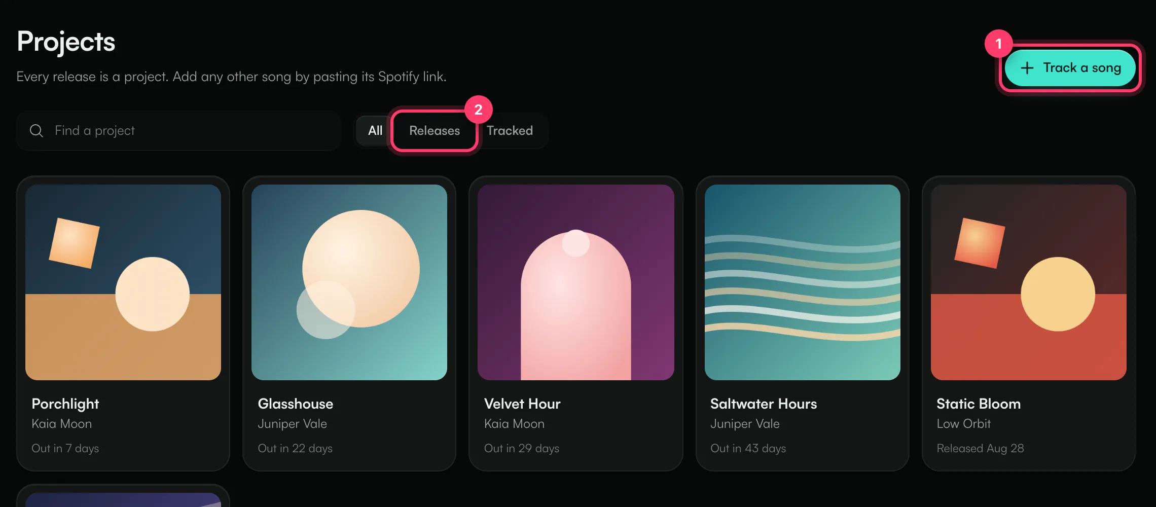 The Projects page with the Track a song button and the Releases filter