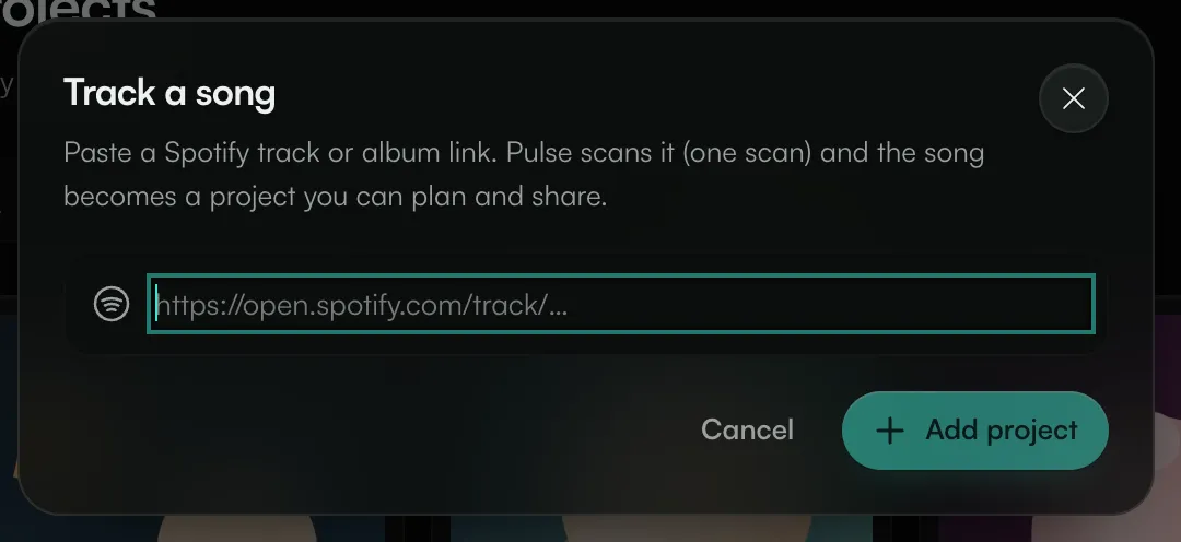 The Track a song dialog with a field for a Spotify link