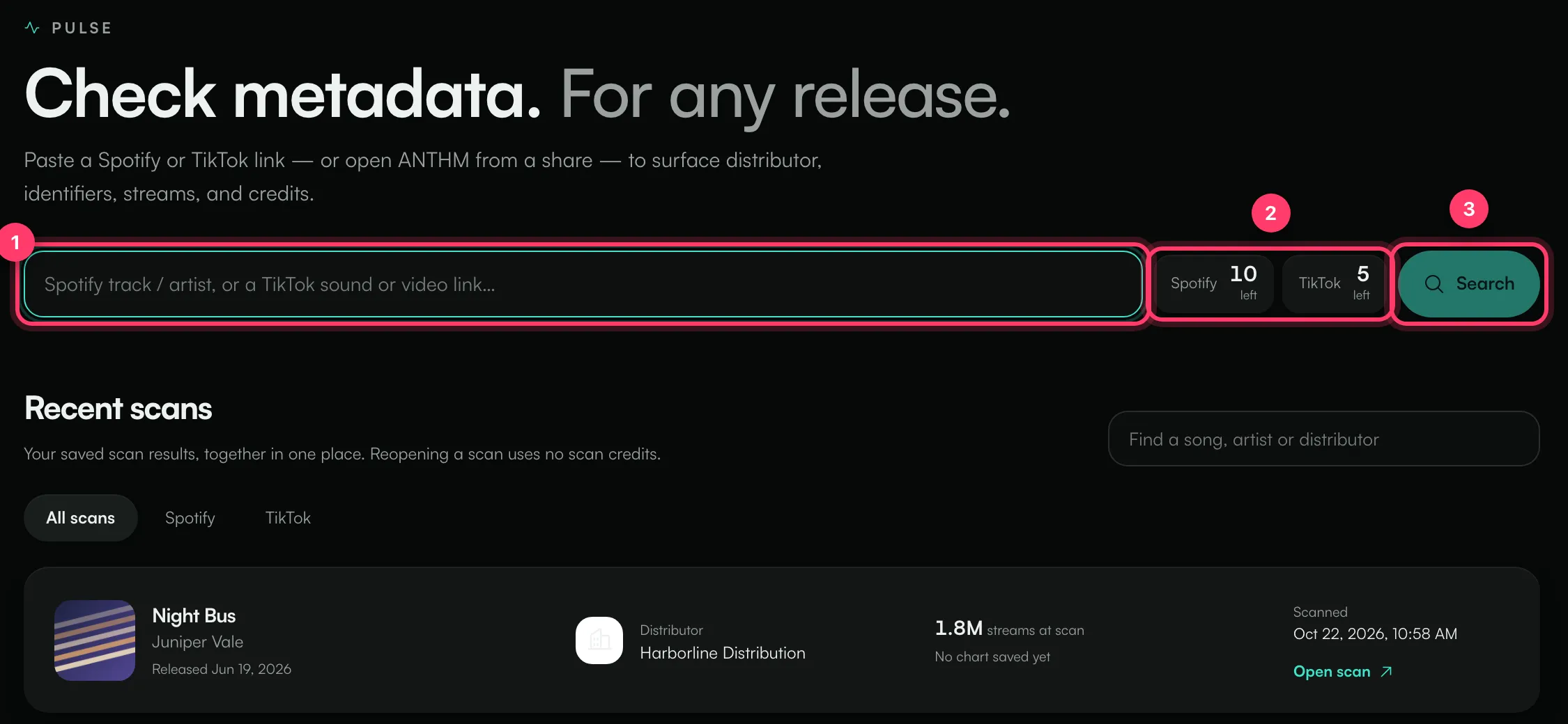The scans-left counters next to the Pulse search box