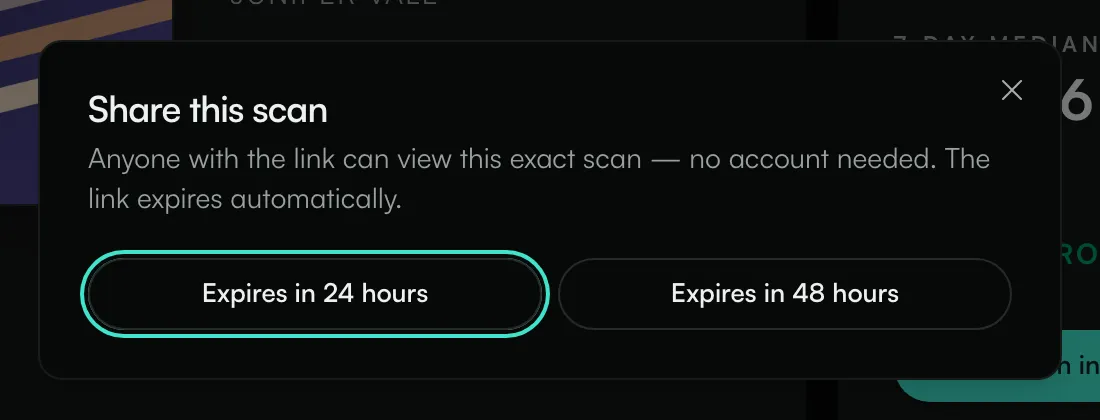 The Share this scan dialog with the 24-hour and 48-hour options