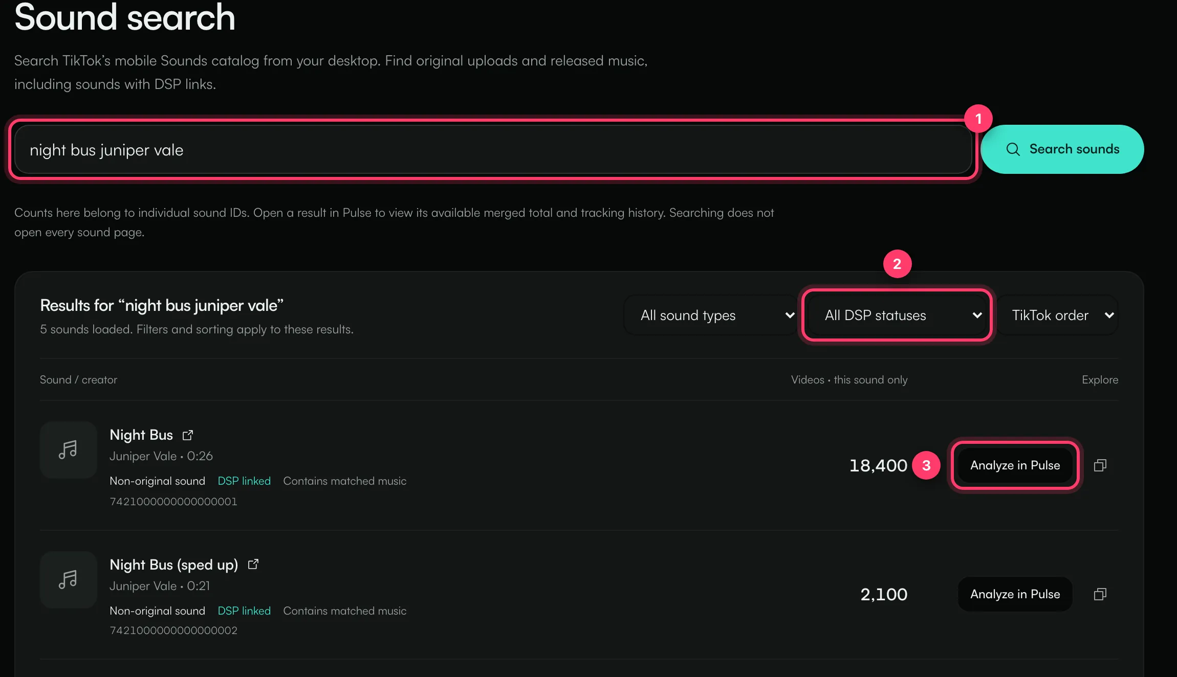 Sound search results with the search box, the filters and the Analyze in Pulse button