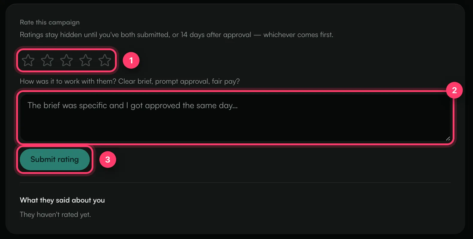 The Rate this campaign section with the stars, the comment box and the Submit rating button
