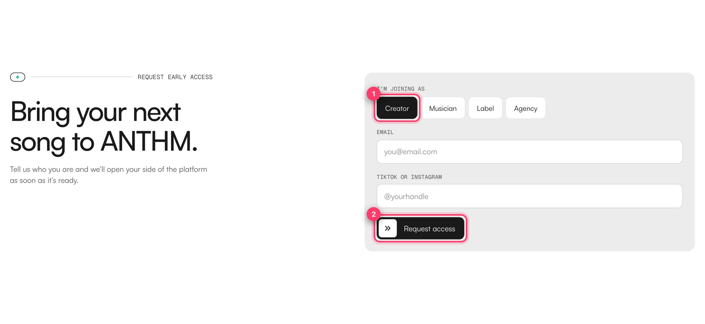 The Request access form on anthm.tech with the role options and the Request access button