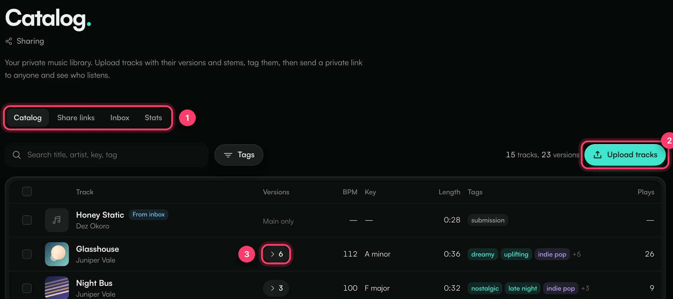 The Catalog with the Sharing sections, the Upload tracks button and a track's versions