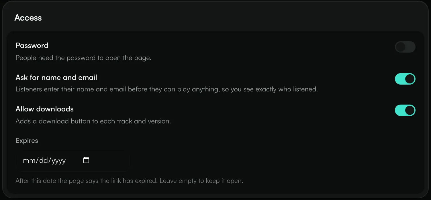 The Access settings for a share link: password, ask for name and email, allow downloads and expiry date