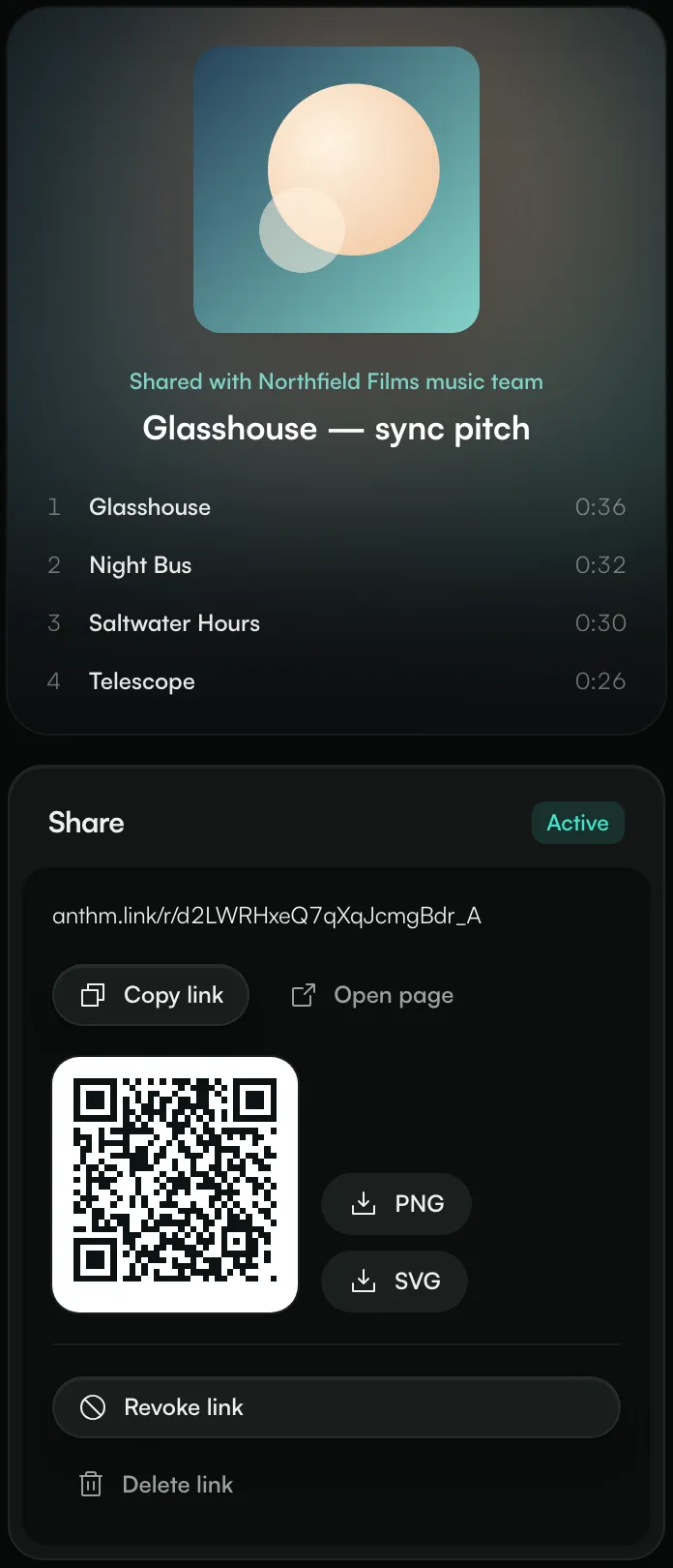 The share panel with the link, Copy link, the QR code and Revoke link