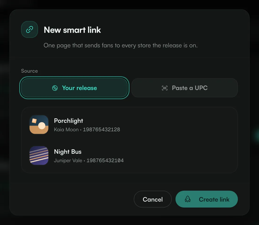 The New smart link dialog with the Your release and Paste a UPC options