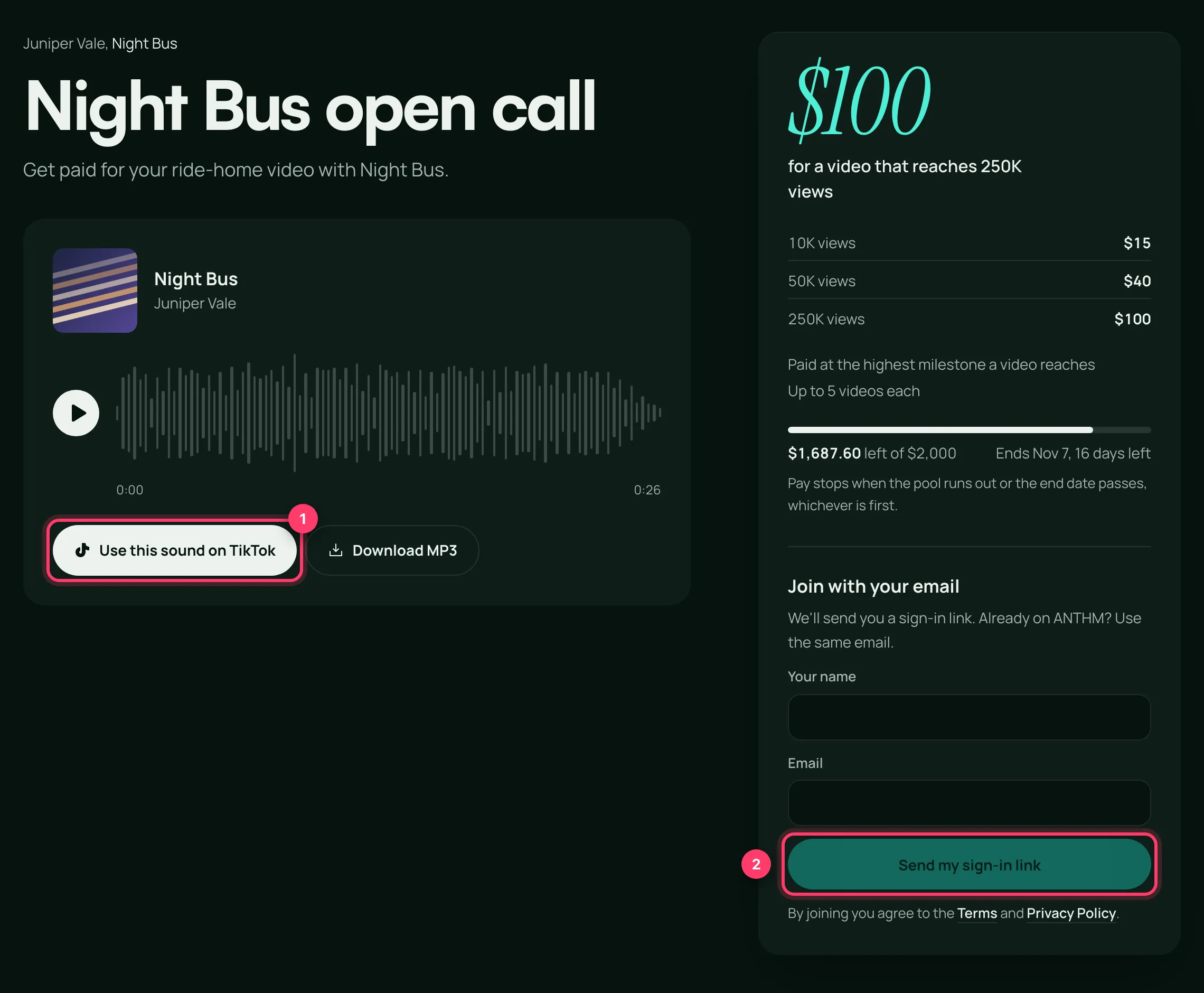 An open-call campaign page with the sound player, the pay box and the Join with your email form