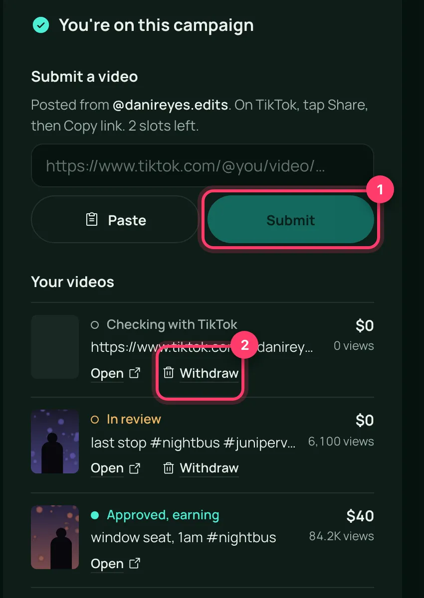 The Submit a video box and the Your videos list with video statuses