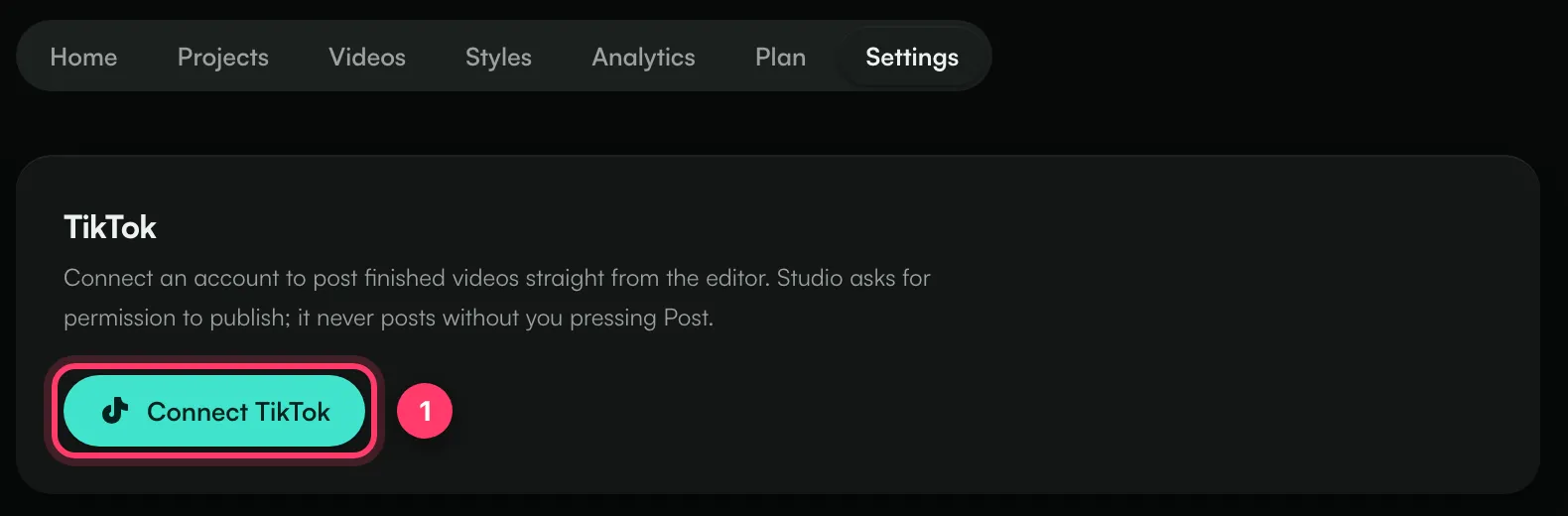 Studio settings with the Connect TikTok button