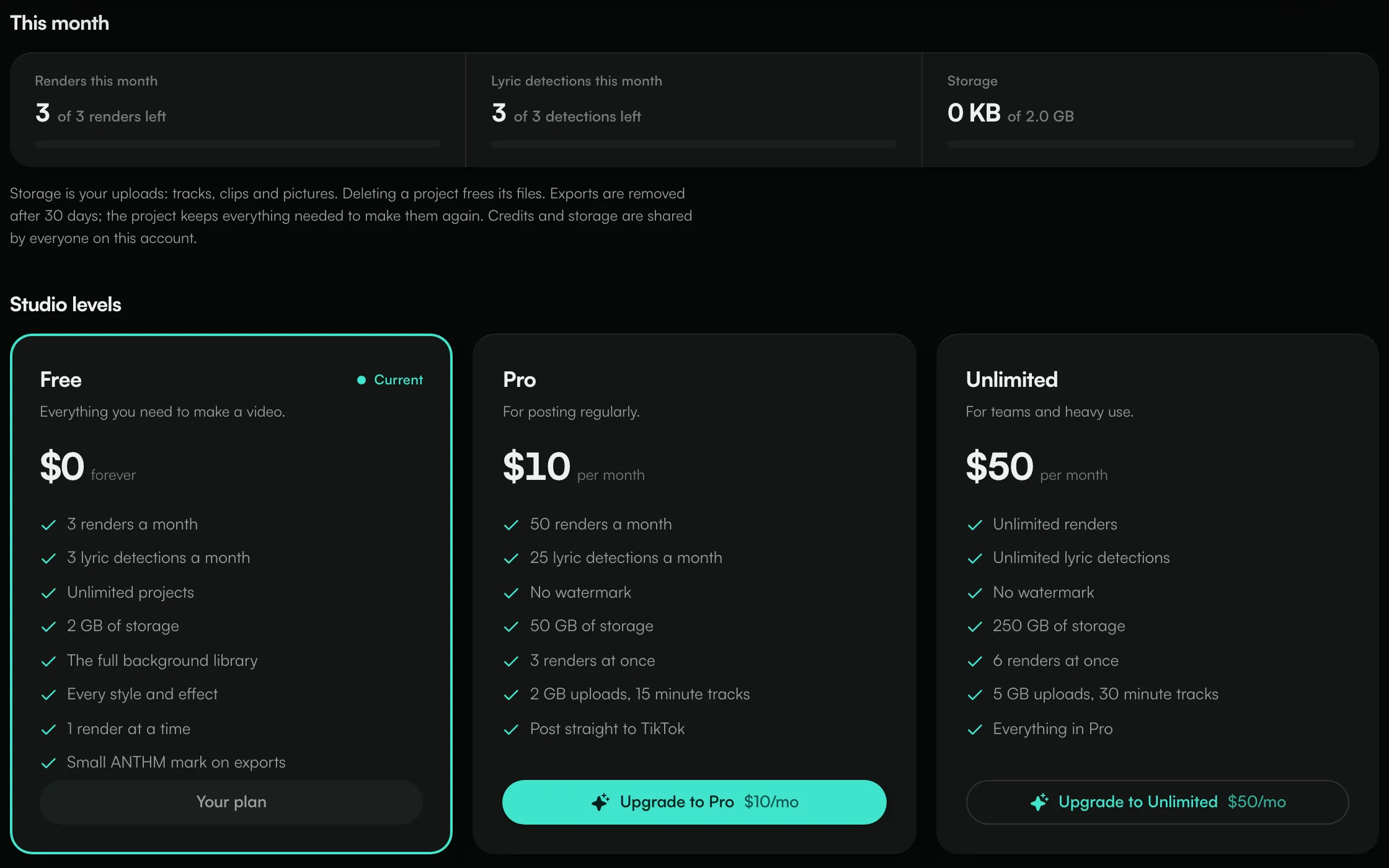 The Studio Plan tab with this month's renders, detections and storage, and the Free, Pro and Unlimited levels