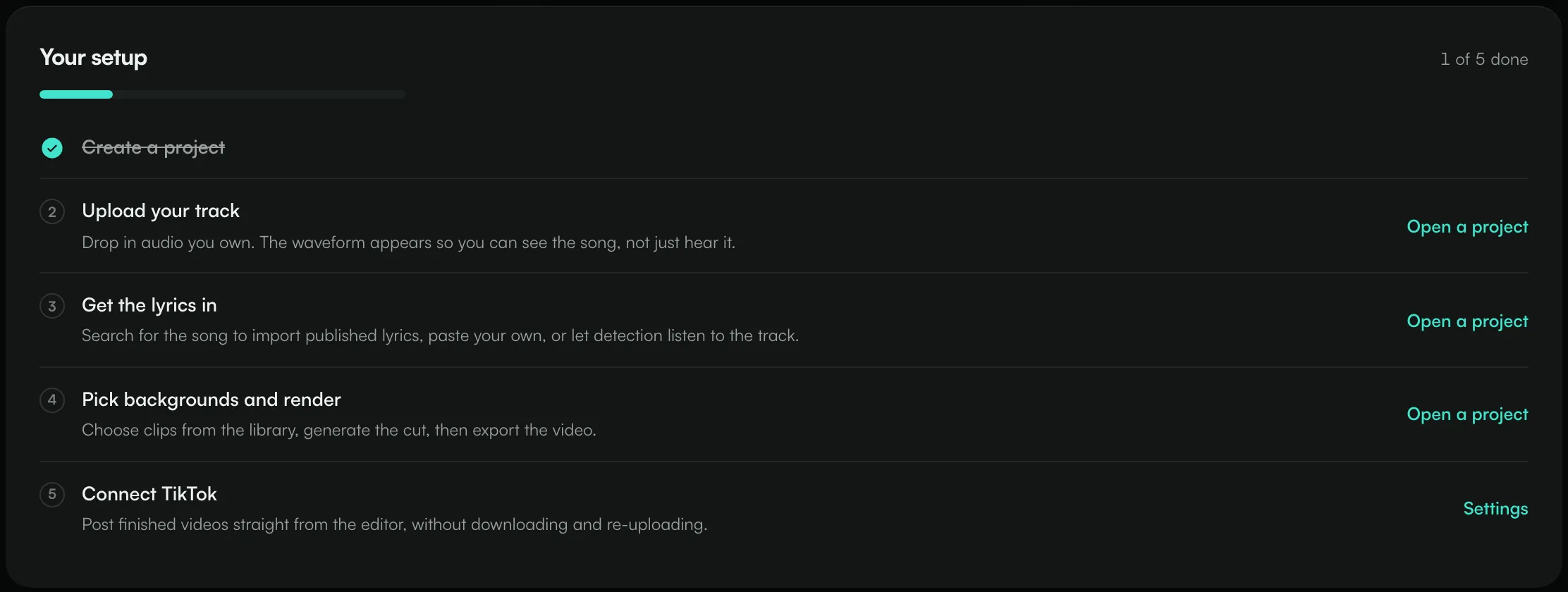 The Your setup checklist: create a project, upload your track, get the lyrics in, pick backgrounds and render, connect TikTok