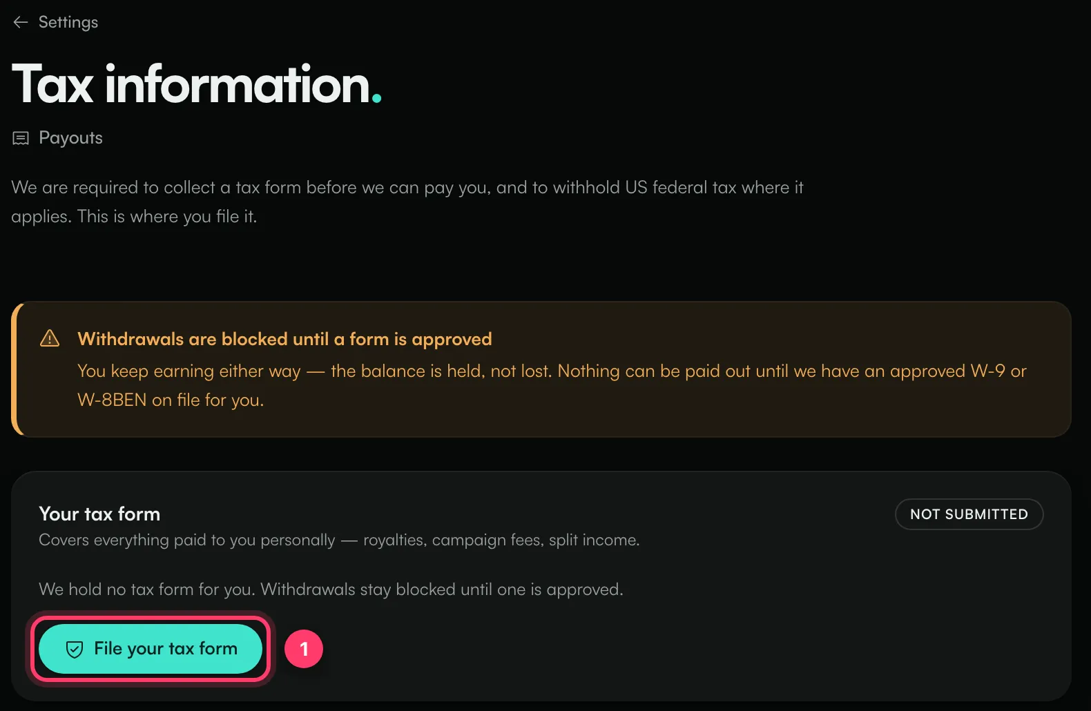 The Tax information page with the warning that withdrawals are blocked and the File your tax form button