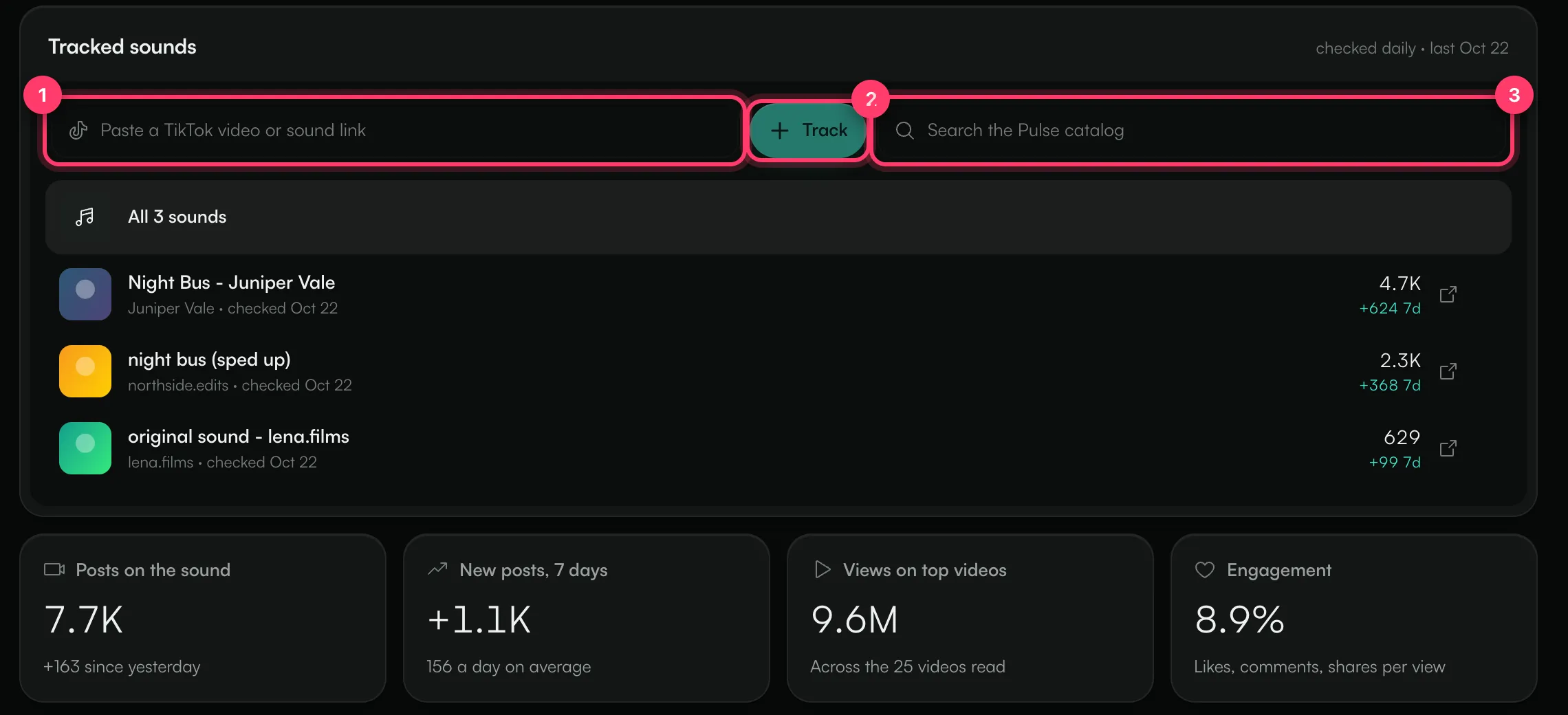 The UGC tracking tab with the paste field, the Track button and the catalog search
