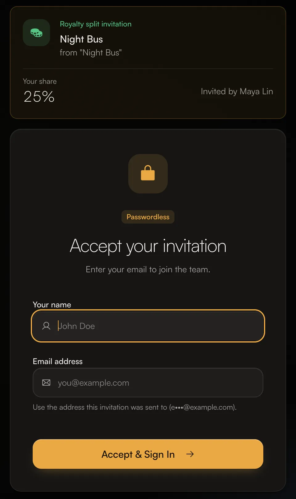The Accept your invitation page for a royalty split, showing a 25% share