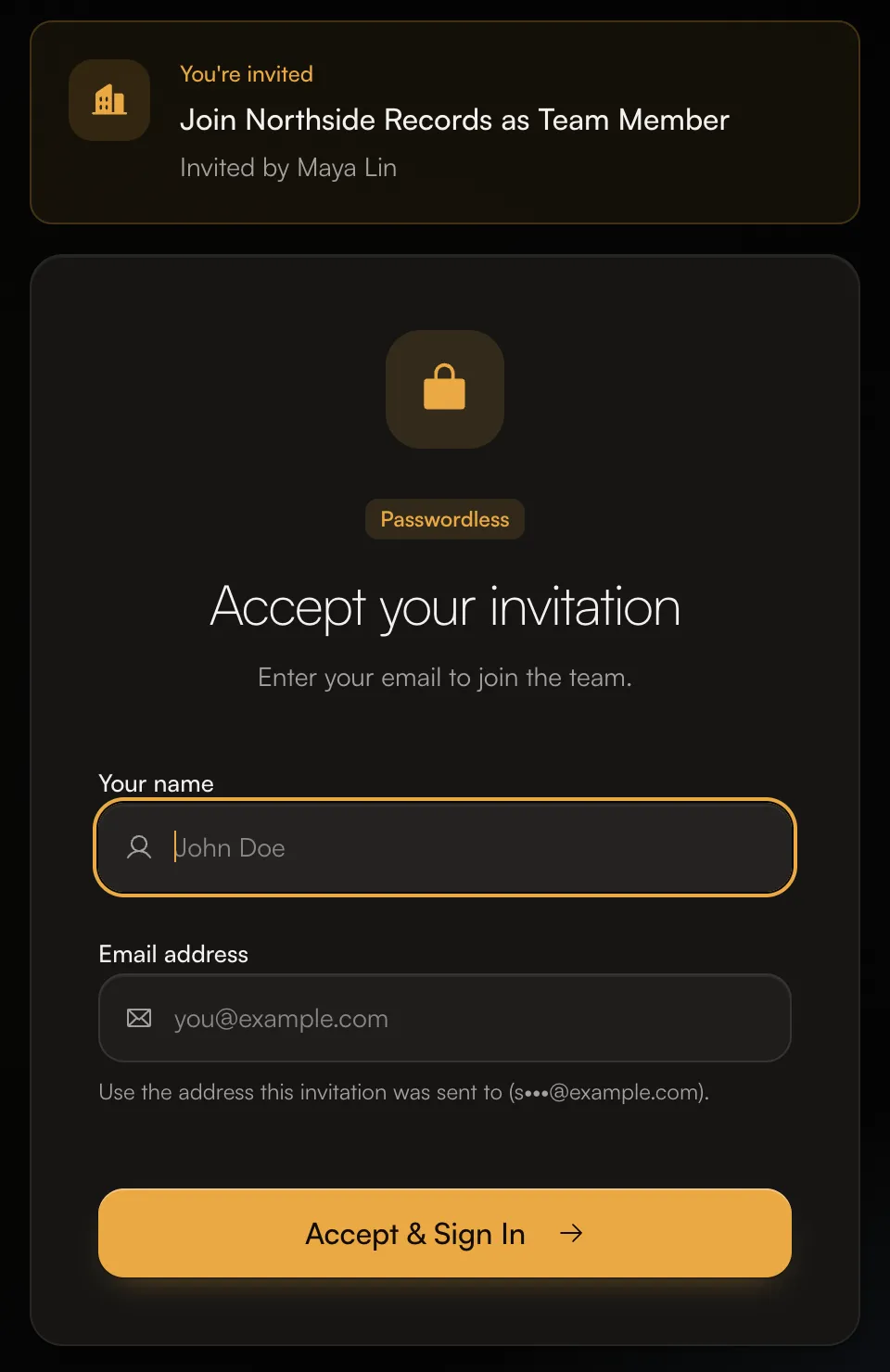 The Accept your invitation page for a team invitation