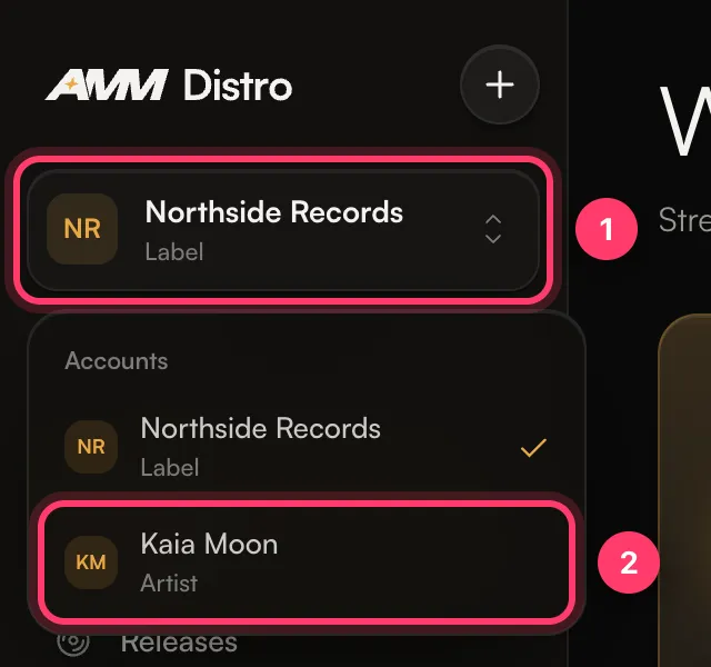 The account menu open in the sidebar, with a second account to pick