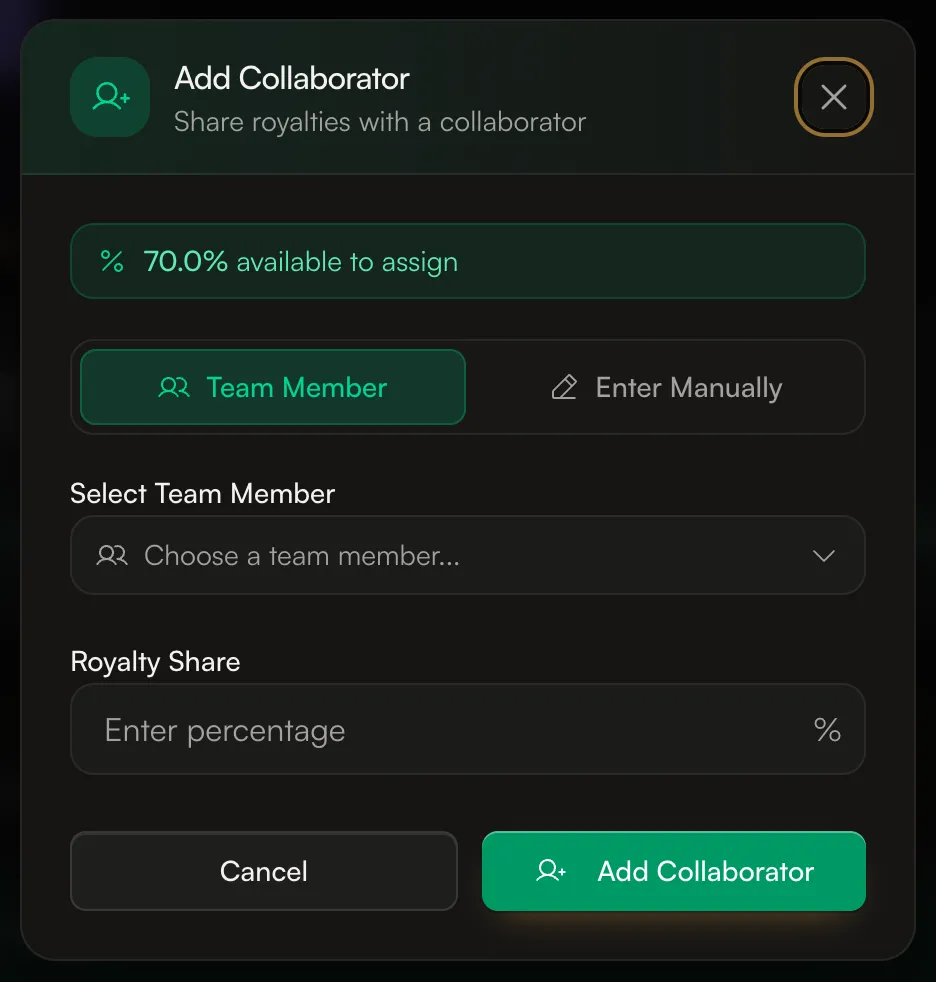 The Add Collaborator window with Team Member and Enter Manually options and the Royalty Share field