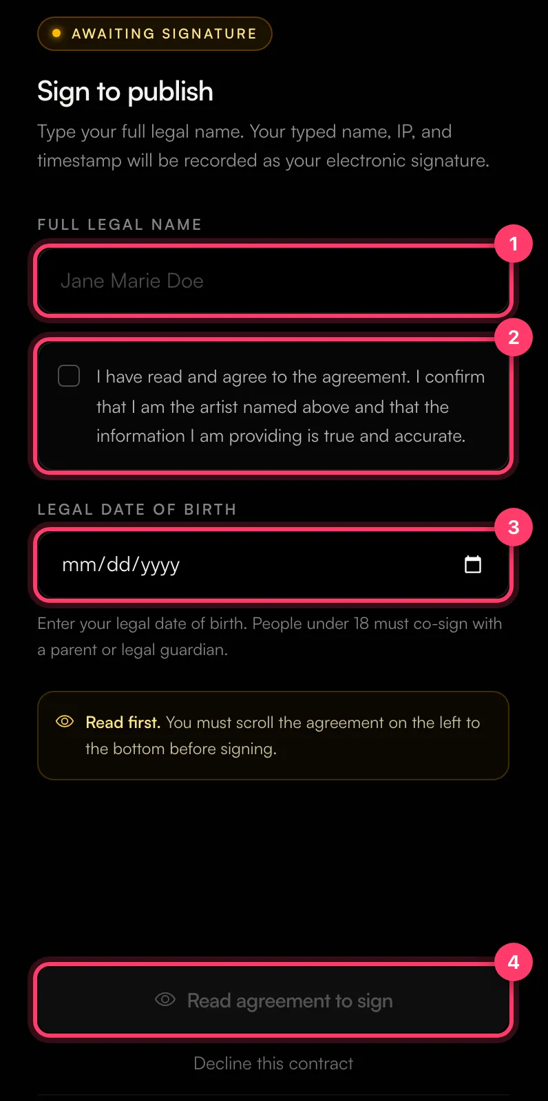 The Sign to publish panel with the full legal name, agreement checkbox, date of birth and sign button numbered
