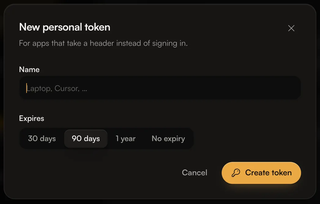 The New personal token dialog with name and expiry options