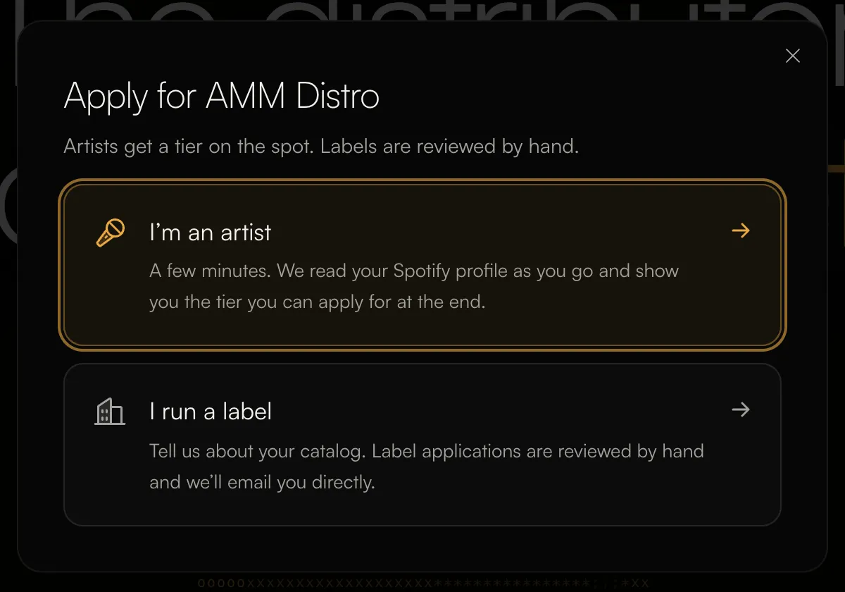 The Apply for AMM Distro dialog with the artist and label options
