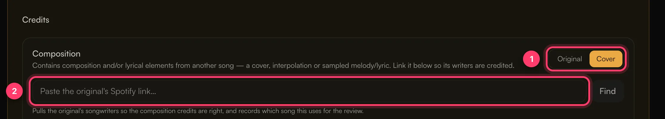 The Credits area with Cover selected and the field for the original song's Spotify link