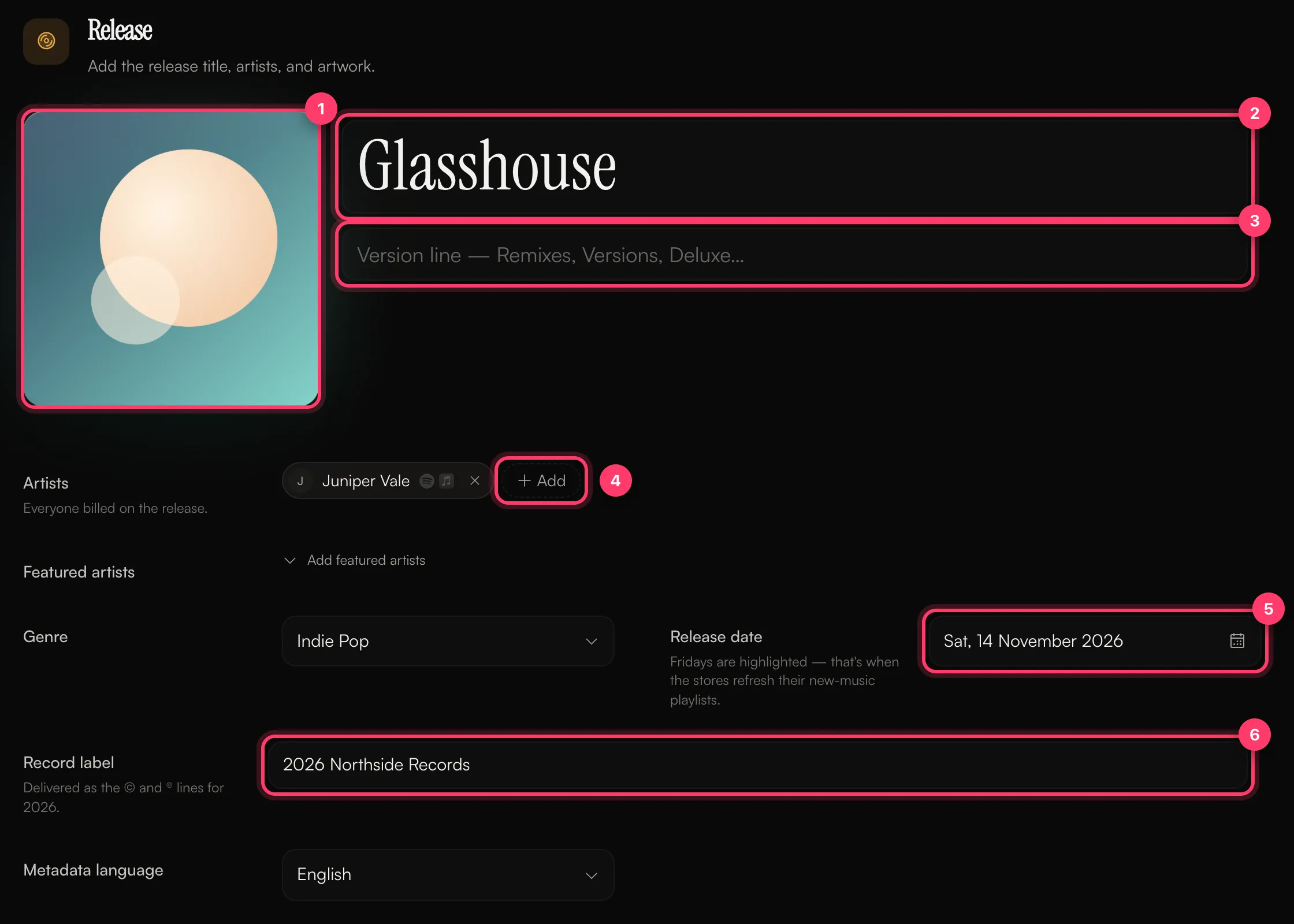 The Release section of the builder with the artwork, title, version line, artists, release date and record label fields numbered